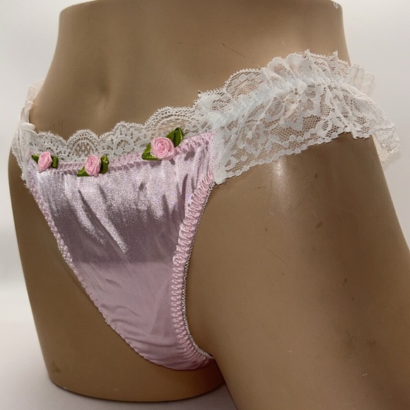 Coquette‎ Girlie Pink Silky Satin Lace & Rosette Trim Feminine Thong Panties NWT - Picture 6 of 13